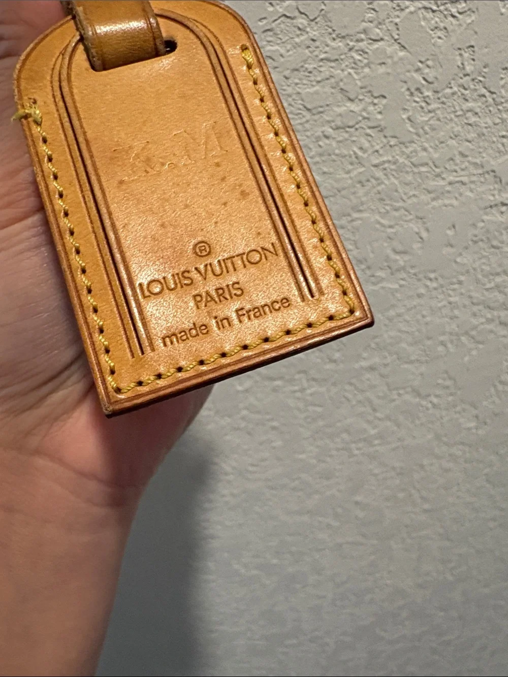 Louis Vuitton Mini Brown Leather Luggage Tag with K.M Initial
